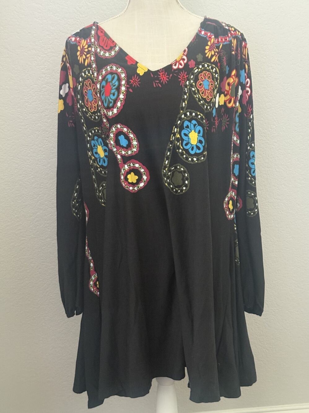 Reborn Womens 3XL Black Floral Paisley Tunic Dress Long Sleeve Boho Casual NWT